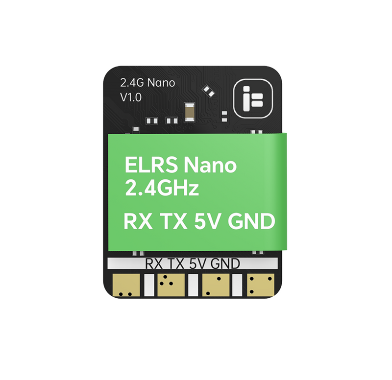 ELRS Nano dual-band receiver PCB module, black with green label and pin header