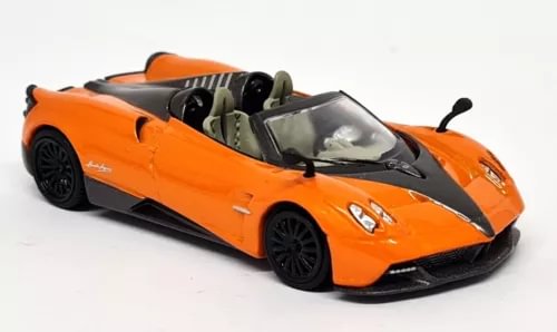 Orange Pagani Huayra Roadster diecast model car with black hood and stripe, LHD