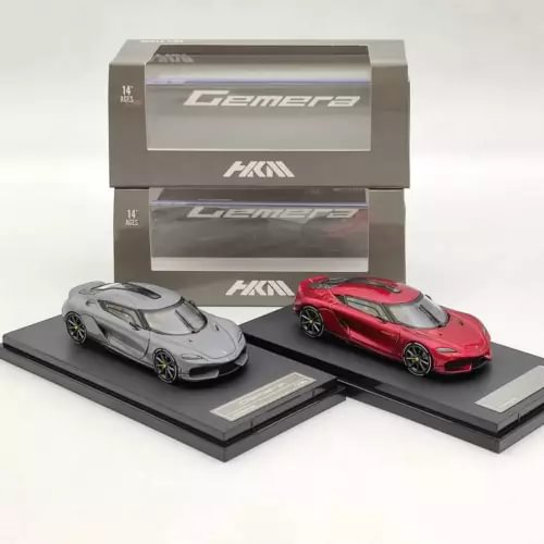 Diecast hybrid supercar model set with two Gemera cars, gray and red, on display bases