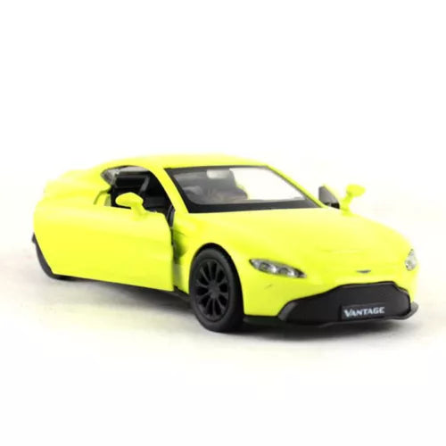 Yellow 1:36 Aston Martin Vantage diecast model car with open driver door