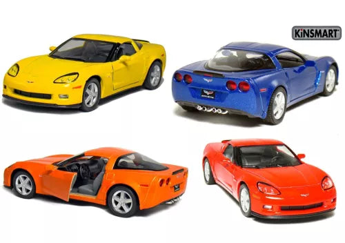 Diecast model toy car set with four 1:36 Corvettes in yellow, blue, orange, red