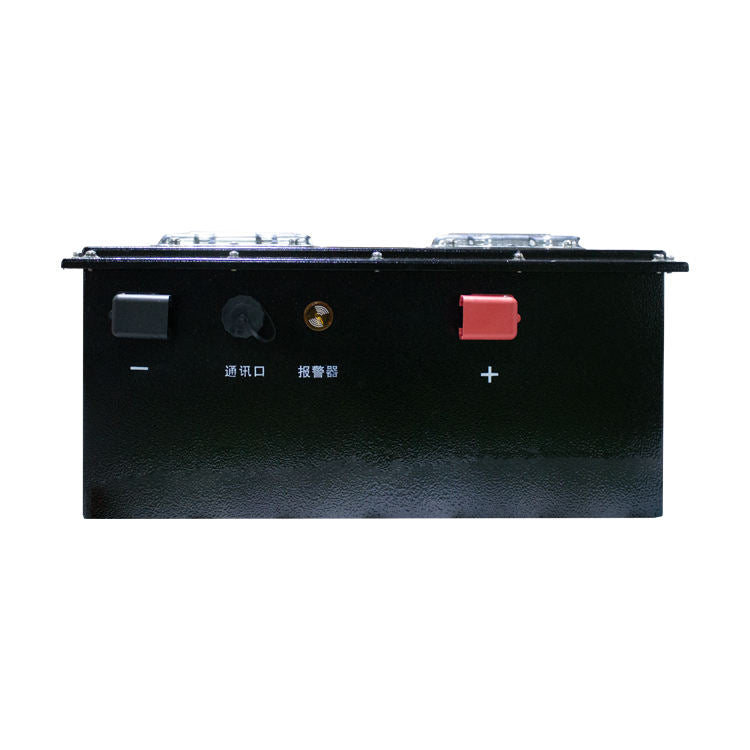 Black rectangular lithium battery with red terminal cover and plus-minus markings