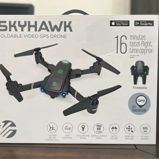 Foldable GPS drone with four propellers shown on the retail box