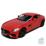 Red diecast model car, Mercedes AMG GTS 1:36 scale, front 3/4 view
