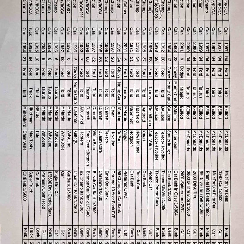 Diecast 1/24 car list card with rows of model names and prices
