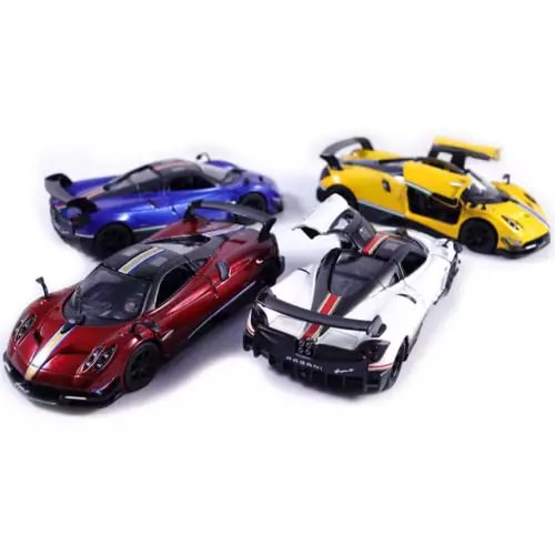 Set of 4 diecast supercar models in red, blue, yellow, and black/white racing stripes