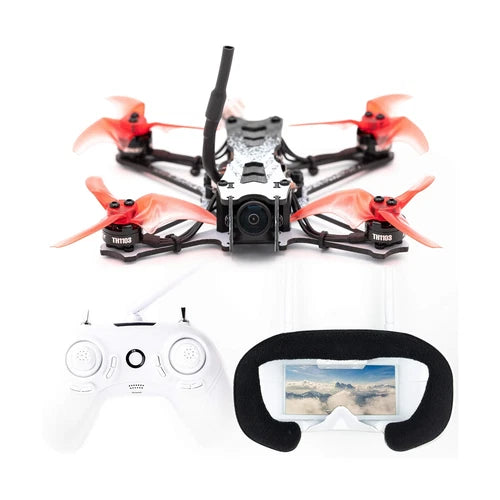 Tiny Hawk micro drone quadcopter with red propellers, FPV goggles and controller
