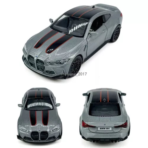 Gray diecast sports car model with black roof and red stripes, front and rear angles