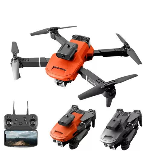 Orange quadcopter drone with camera and foldable propellers, with handheld controller