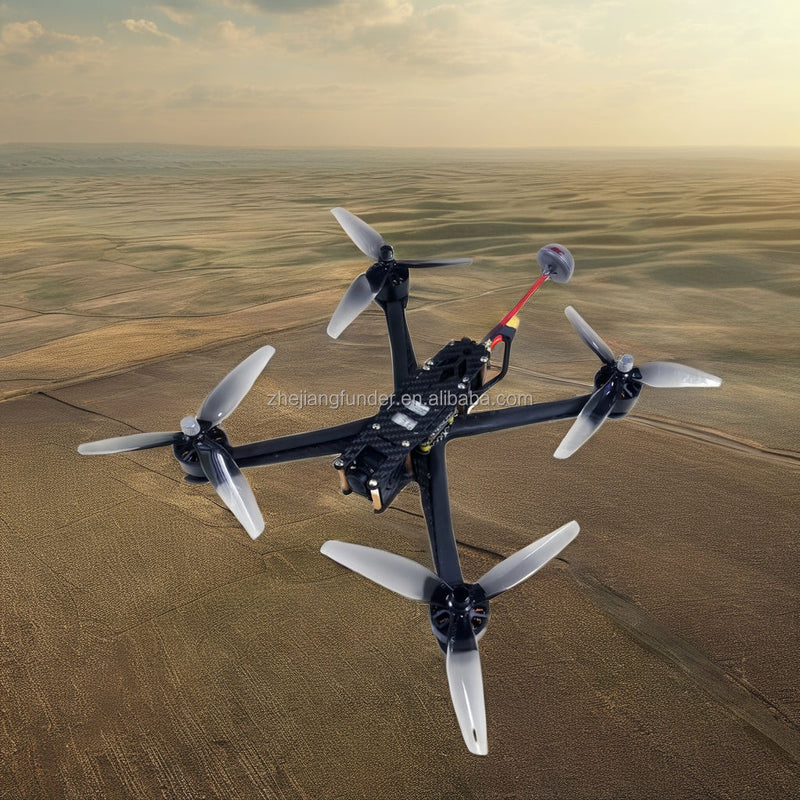Quadcopter UAV drone with four white propellers and black frame