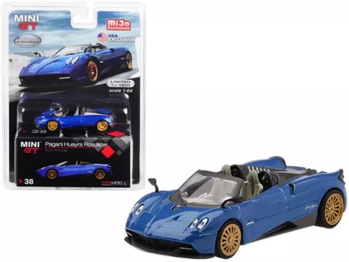 Pagani Huayra Roadster blue diecast model car with open top, front view