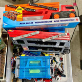 Hot Wheels Matchbox diecast Mega Hauler vehicle launcher set, blue and orange