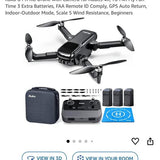 Quadcopter drone with attached camera, black body and four propellers