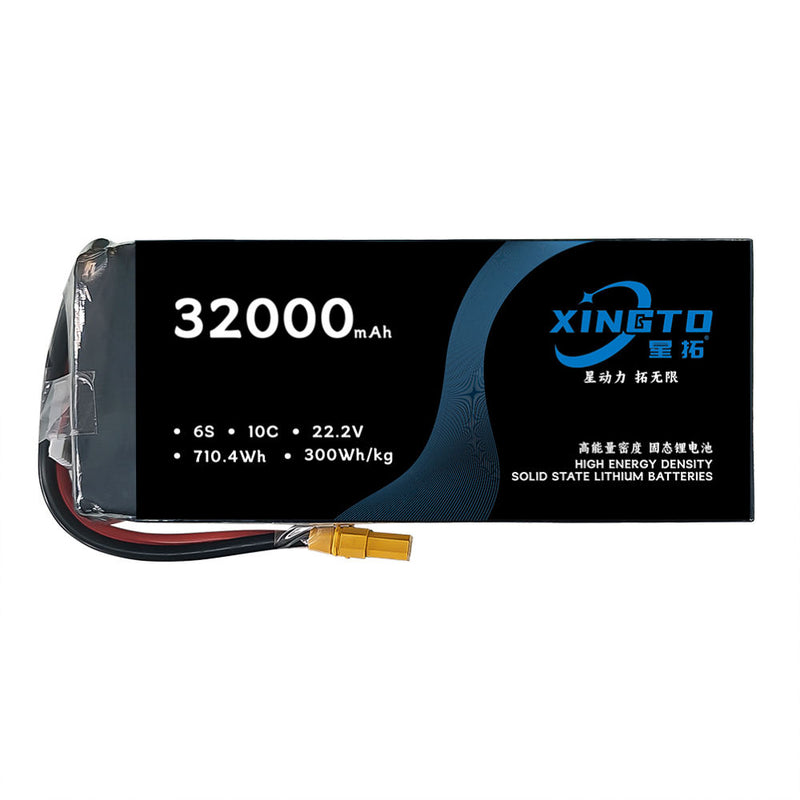 Solid state drone battery pack with 32000mAh label, XINGTO branding, wire connector