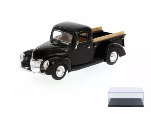 Black die-cast pickup truck with display stand, front 3/4 view