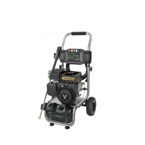 Gas pressure washer with handle and wheels, front engine housing