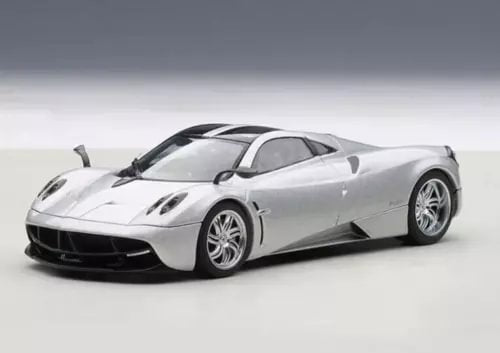 Pagani Huayra 1/43 silver diecast car model by AUTOart, front 3/4 view