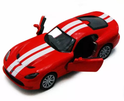 Red diecast toy sports car model with white racing stripes and raised doors
