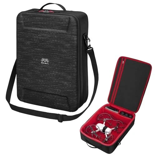 Semi-hard drone gadget carrying case with shoulder strap, zipper, open red interior
