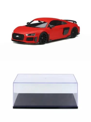 Red 1:18 diecast sports car with clear display case, front 3/4 view