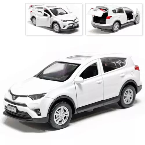 White Toyota RAV4 diecast model SUV, 1/36 scale, chrome wheels, front 3/4 view