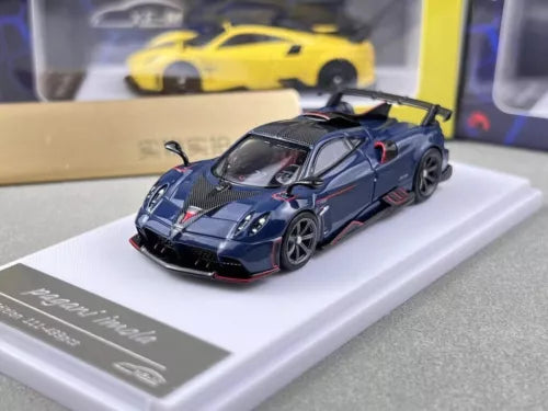 Blue racing sports model diecast car with black stripes on display base