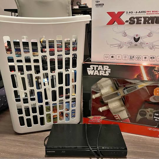 DVD player and disc organizer bundle with remote box and drone package
