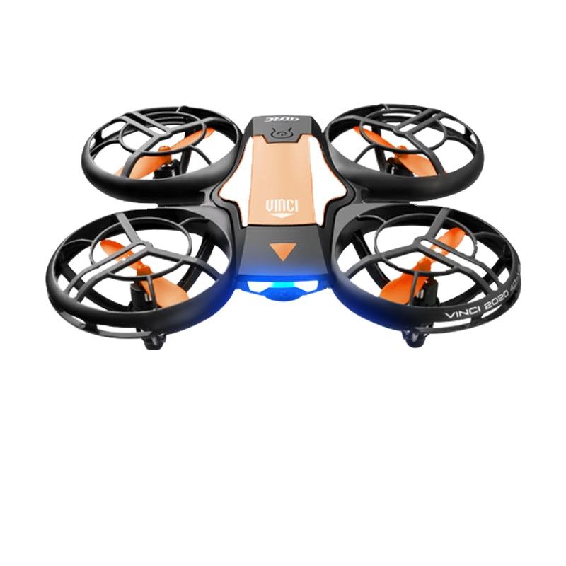 Mini quadcopter drone with four propellers and blue LED lights