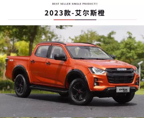 Orange Isuzu D-Max 4x4 pickup die-cast car with open driver door