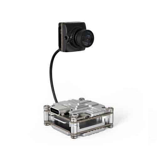 Compact camera drone with silver metallic body and front lens module