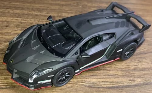 Lamborghini Veneno diecast toy car, dark gray hardtop with black wheels and red trim