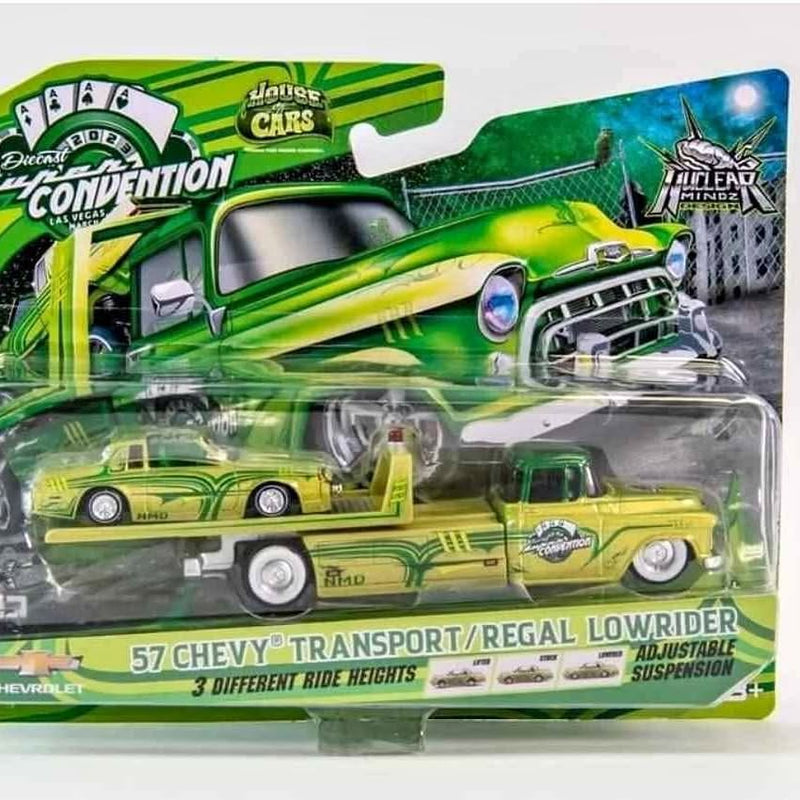 Diecast car model set with green and yellow cars in clear blister pack