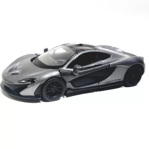 Diecast toy car, Kinsmart McLaren P1, charcoal gray 1/36 scale with black accents