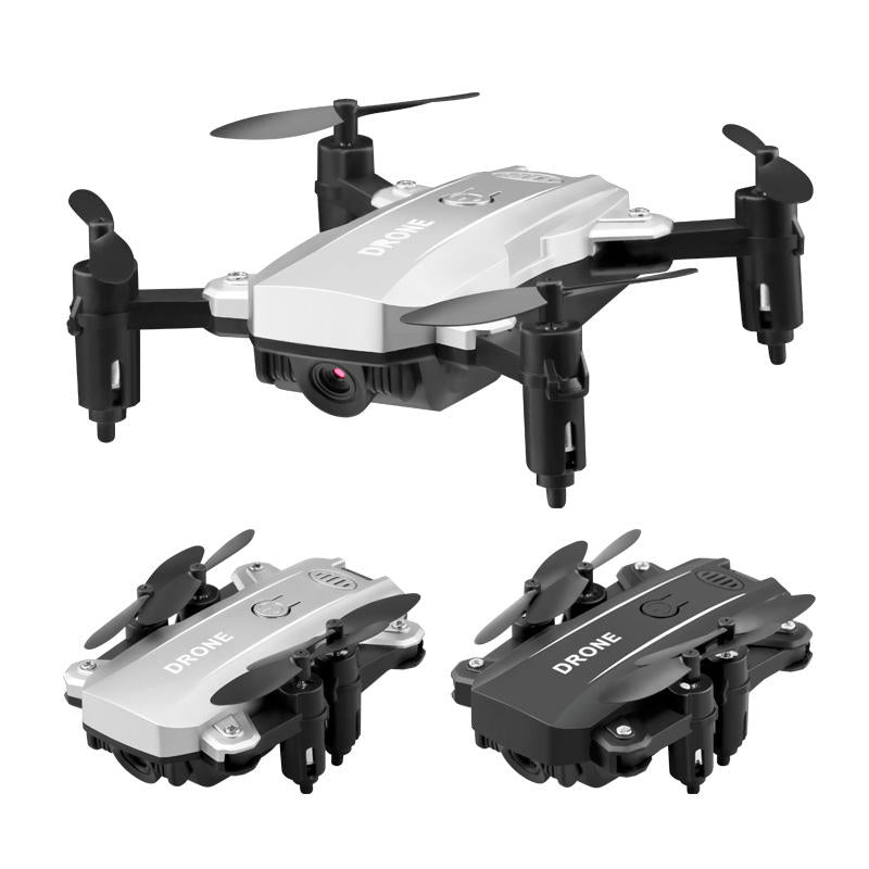 White mini foldable quadcopter drone with camera and four propeller arms