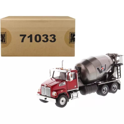 Diecast concrete mixer truck with red cab and gray mixer drum, front three-quarter view