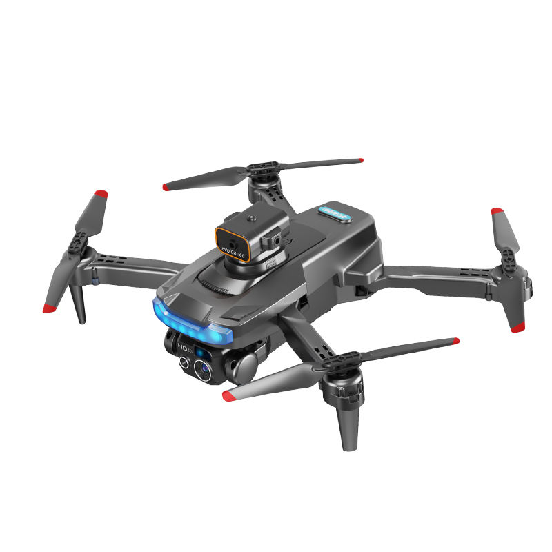 Foldable small quadcopter drone with camera, blue LED, and red-tipped propellers