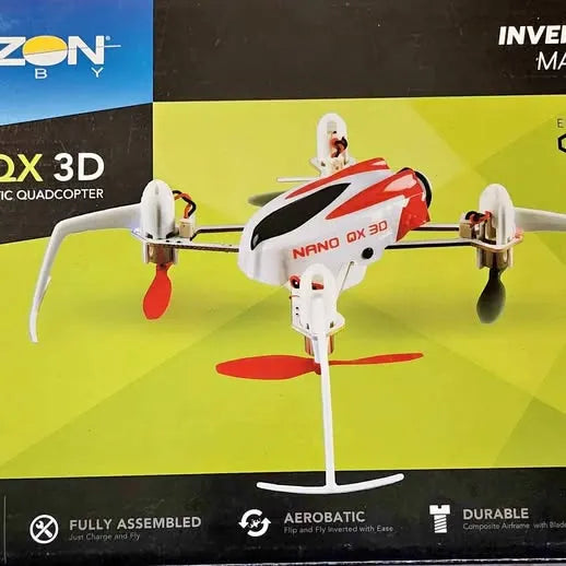 White and red quadcopter drone with propellers on a display stand