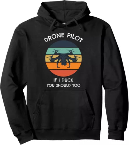 Black unisex hooded sweatshirt with drone graphic and 'DRONE PILOT' print