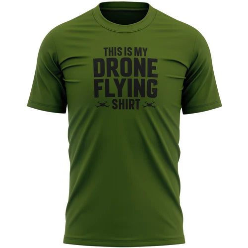 Men's green T-shirt with bold 'THIS IS MY DRONE FLYING SHIRT' front print