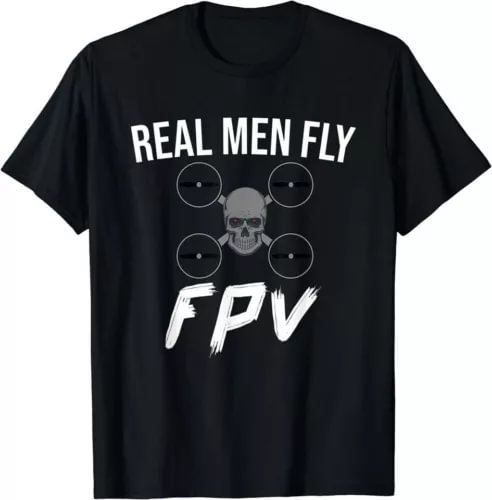 Unisex black T-shirt with skull propeller graphic and 'REAL MEN FLY'/'FPV' text.