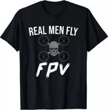 Unisex black T-shirt with skull propeller graphic and 'REAL MEN FLY'/'FPV' text.