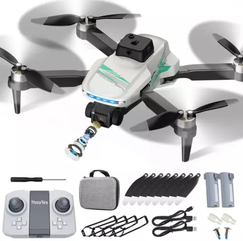 White quadcopter drone with front camera and four propellers, plus controller and parts