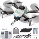 White quadcopter drone with front camera and four propellers, plus controller and parts