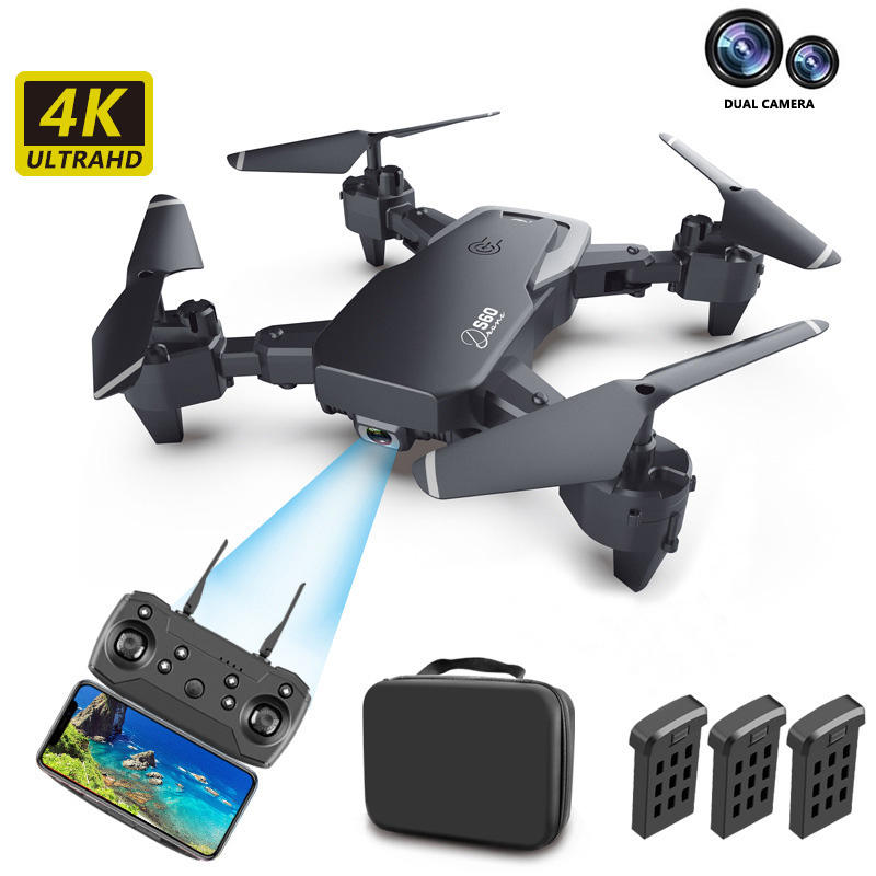Foldable quadcopter drone with dual camera, controller, battery, and prop guards