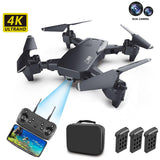 Foldable quadcopter drone with dual camera, controller, battery, and prop guards