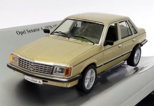 Opel Senator A gold diecast sedan model, front three-quarter view, detailed grille and headlights