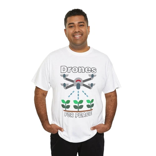 White unisex cotton t-shirt with colorful drone and peace graphic