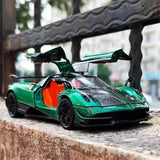 1:32 Pagani Huayra BC diecast racing car model, green with black and orange accents