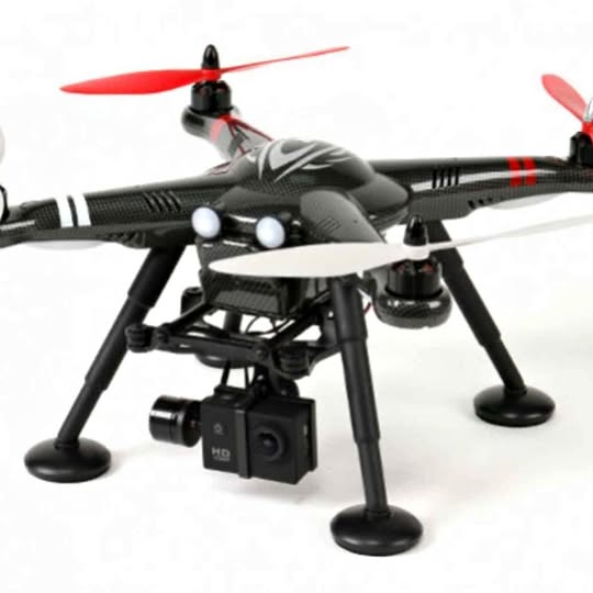 Quadcopter drone with HD action camera and gimbal, gray with red accents