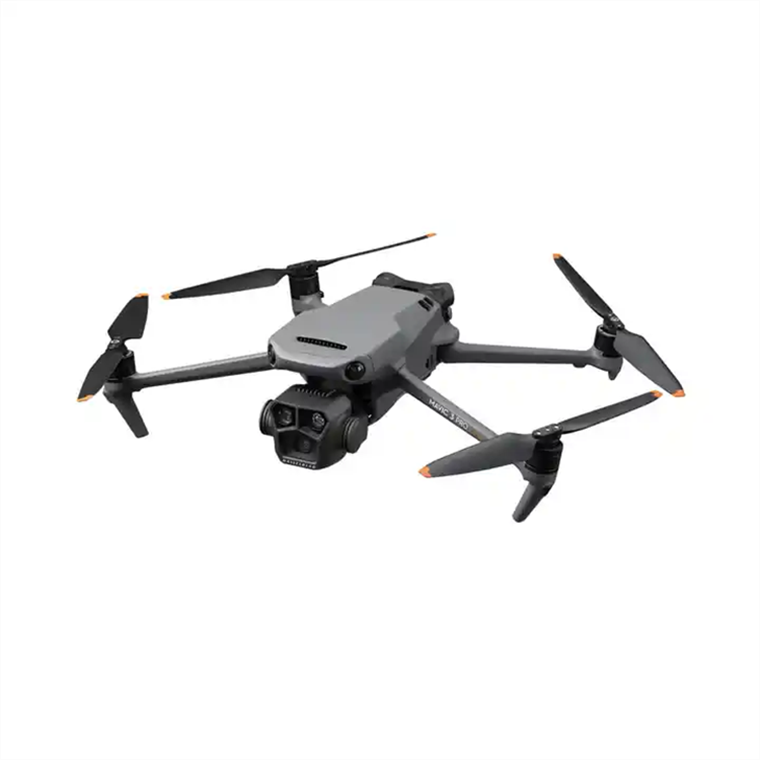 RC quadcopter drone with gimbal camera and four folded propellers, dark gray